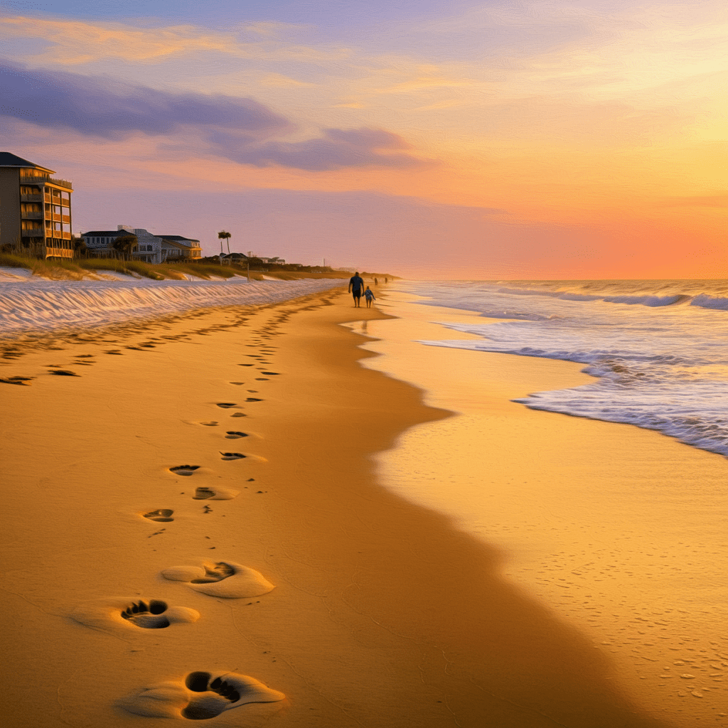 A serene Tybee Island beach at sunset with golden sands, gentle waves, footprints leading to the water, and a family silhouette under a vibrant orange, pink, and purple sky.