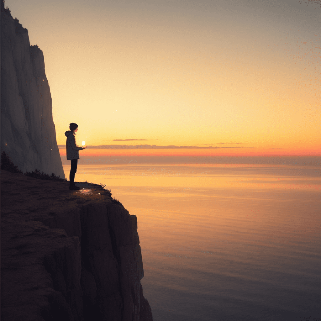 Person standing on a cliff at sunrise, holding a glowing light, symbolizing hope and renewal.